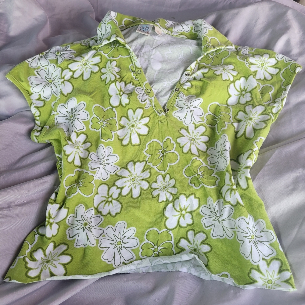 Y2k 2000s Bright Lime Green Flroal Flower Cropped Short Sleeve Tee Shirt Top